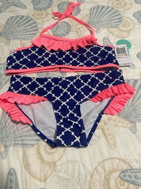 Copper Key Navy Lattice Bikini with Pink Ruffle Trim